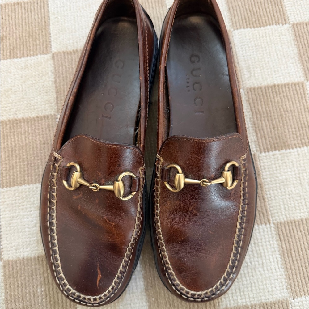 Gucci Men's Brown Leather Slip-On Loafers with Gold Detail